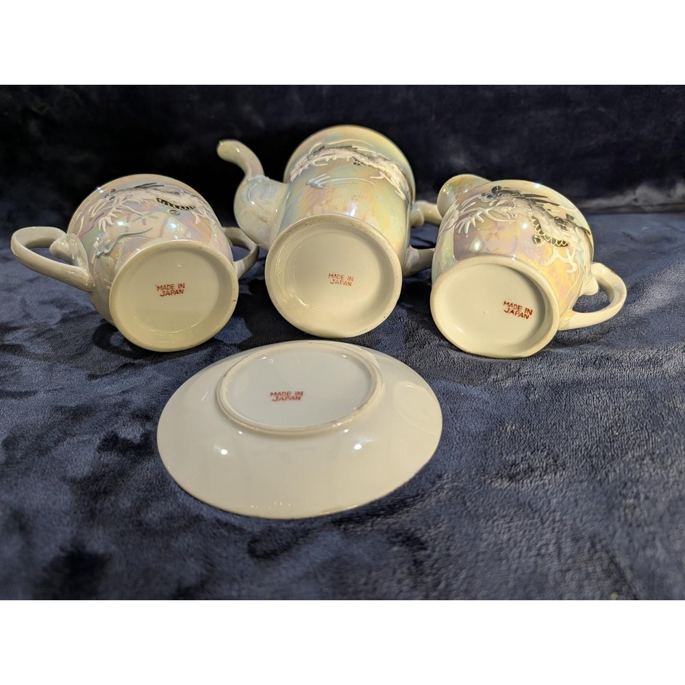 Japanese Iridescent 17pc Tea Set Dragonware Lusterware Moriage Geisha Lithophane - Picture 16 of 16